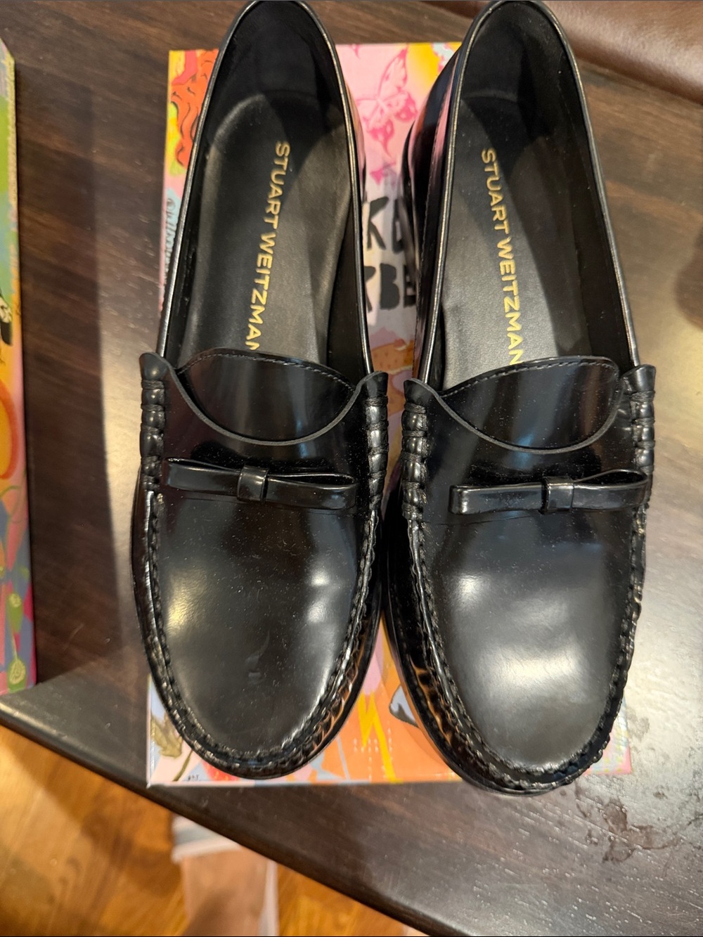 Stuart Weitzman Black Leather Bow Penny Loafers women